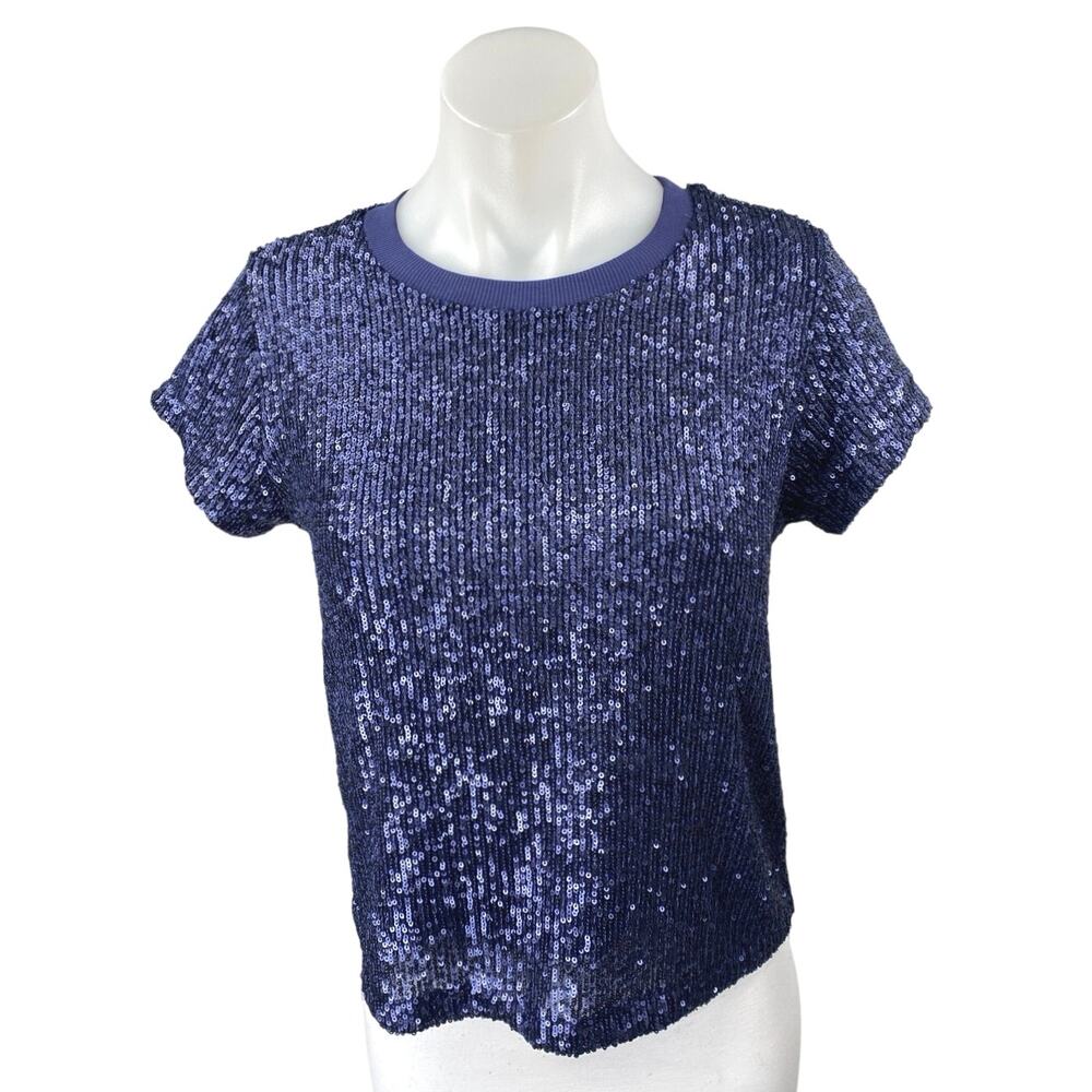 NEW Elliott Lauren Blue Short Sleeve Sequin Crew Neck T Shirt Blouse Top Size XS